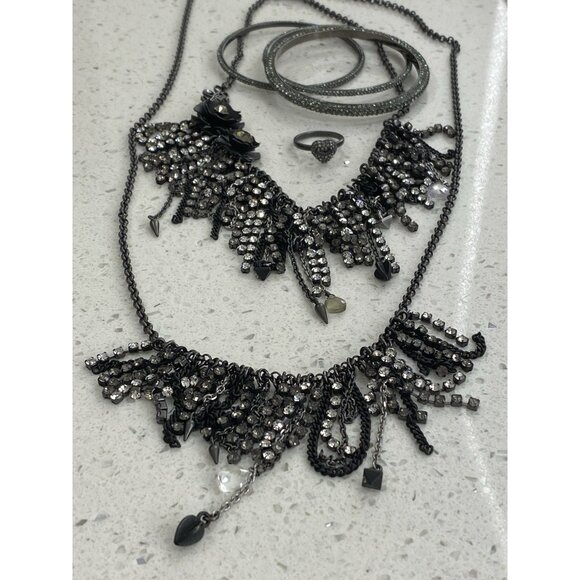 Rare Set Juicy Couture Vtg Gunmetal Pave Rhinestone 2 Necklaces 1 Ring 3 Bangles - Picture 1 of 11